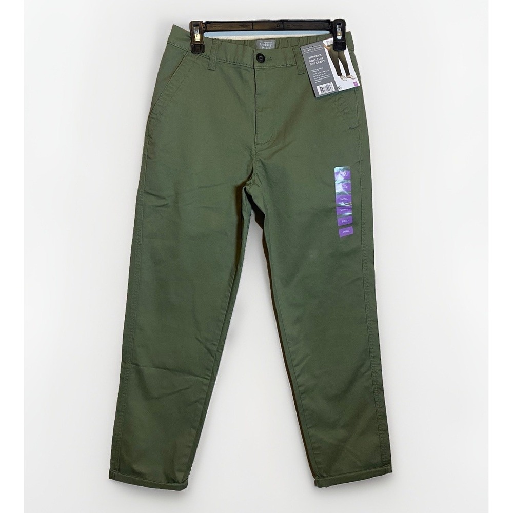 Berkley Jensen Women's Roll Cuff Twill Pant Small Green NWT Elastic Back Waist
